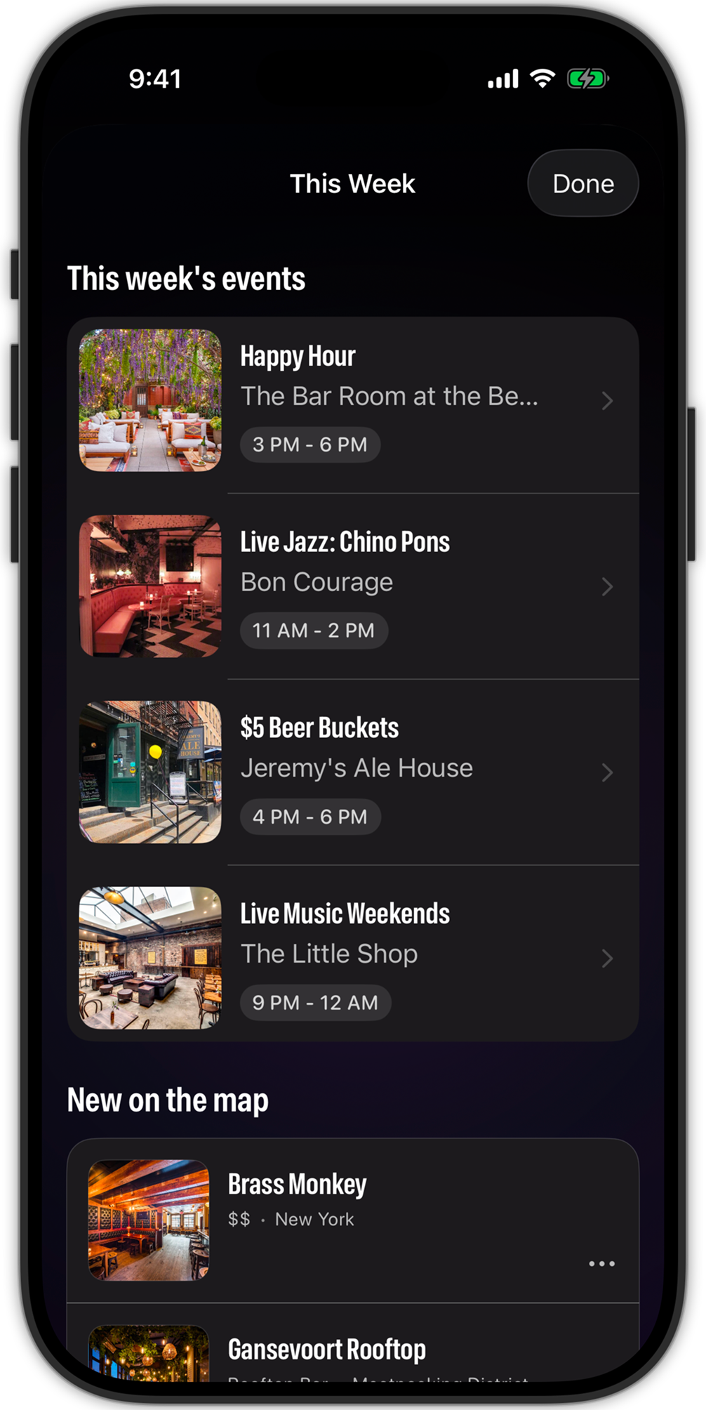 Bottlespace weekly events screen